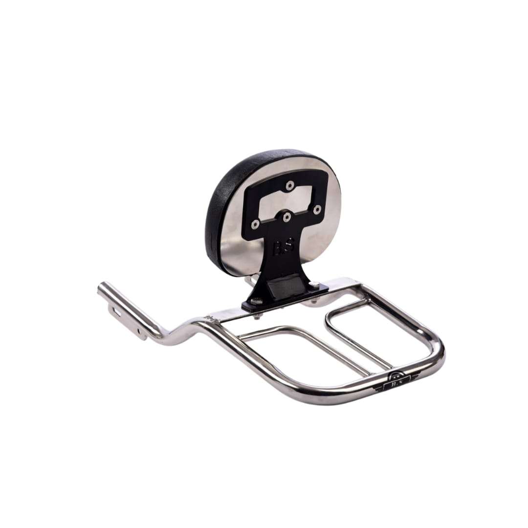 BS Auto Round Shape PU Backrest and Carrier – Heavy Duty Stainless Steel – Compatible with Royal Enfield Classic, Standard, Electra BS Auto Round Shape PU Backrest and Carrier – Heavy Duty Stainless Steel – Compatible with Royal Enfield Classic, Standard, Electra