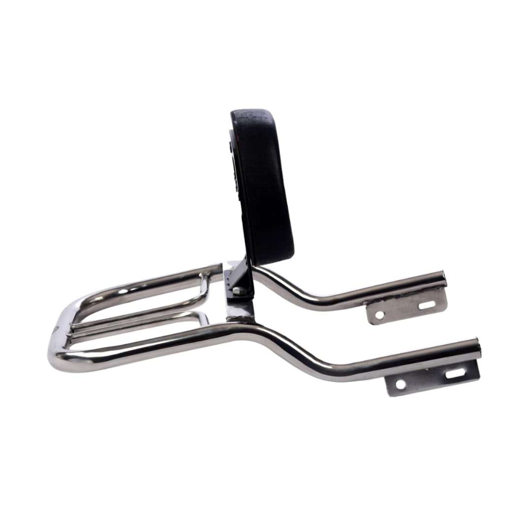 Stainless Steel Round PU Backrest with Carrier by BS Auto for Royal Enfield Classic, Standard, and Electra Stainless Steel Round PU Backrest with Carrier by BS Auto for Royal Enfield Classic, Standard, and Electra